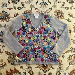 Talbots 100% Lamb’s Wool Multicolor Floral V-Neck Sweater